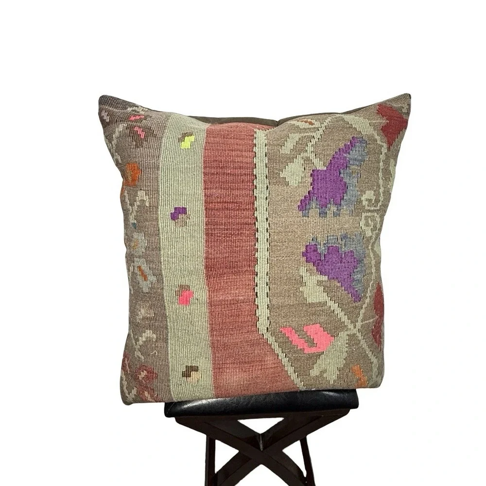 24x24 Vintage Turkish Kilim Wool Pillow Handmade Boho Rug Pillow w/ Insert